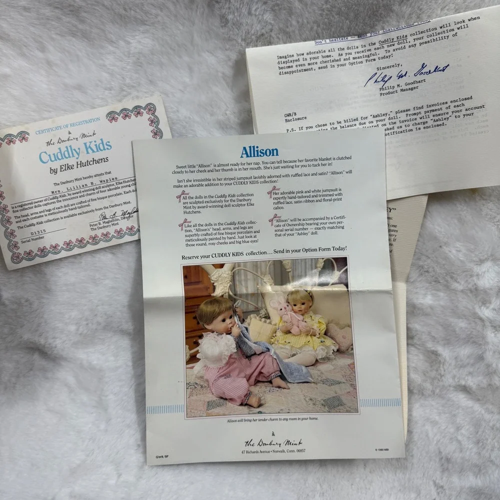 Danbury Mint Cuddly Kids Ashley Porcelain Doll Elke Hutchens COA Original Box